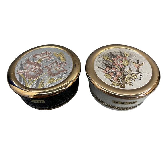 Art Of Chokin Porcelain Trinket Box Butterfly &Hummingbird 24 Gold Trim Set Of 2 - Picture 1 of 11
